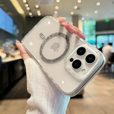 Imagem de Capa magnética transparente com alça de pulso para iPhone 14, 15, 16 Plus, 11, 12, 13, 16 Pro Max, capa transparente com glitter brilhante, H preta, para iPhone 16 Pro Max