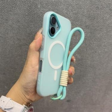 Imagem de Capa magnética 2 em 1, cor doce, fosca, para iPhone 14, 15 Plus, 16 Pro, Max, 12, 13 Pro, 11, com alça de pulso e cordão, à prova de choque, A4, para iPhone 16 Plus