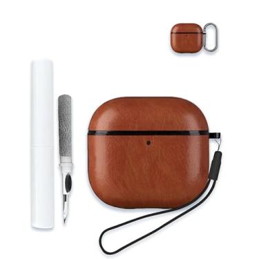 Imagem de Capa para AirPods 4 (4ª geração) Fones de ouvido sem fio atualizados em 2024, capa protetora portátil de couro PU WUNIAK com kit de limpeza, mosquetão e cordão, marrom claro.