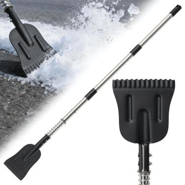 Imagem de Raspador de gelo com pá de neve, cortador de gelo de aço Hevay Duty para remoção de neve, 17 cm de largura, borda afiada de dente de serra, cabo longo ajustável de 132 cm, pá plana multifuncional leve