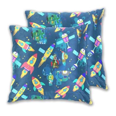 Imagem de Joitme Conjunto de 2 capas de almofadas coloridas de desenho animado foguete azul espaço, capa de almofada fofa para sala de estar, 40,6 x 40,6 cm, 2 peças