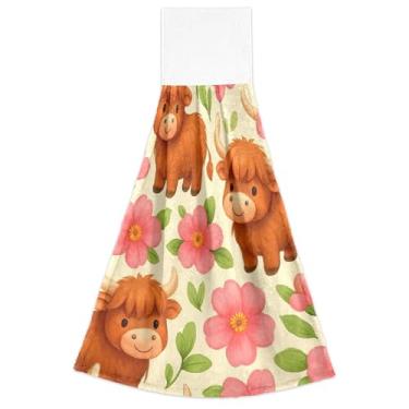Imagem de Joitme Cute Highland Cows Pink Flowers Toalhas de mão penduradas para cozinha toalhas de forno conjunto de 2 toalhas de cozinha de outono ultra absorventes fofas, 46 x 35 centímetros