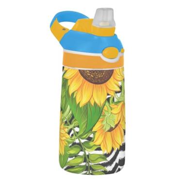 Imagem de Garrafa de água esportiva infantil com listras amarelas vibrantes para escola, 473 ml, 473 ml, garrafa de água Tritan com canudo, copo infantil à prova de vazamento, reutilizável, alça de transporte