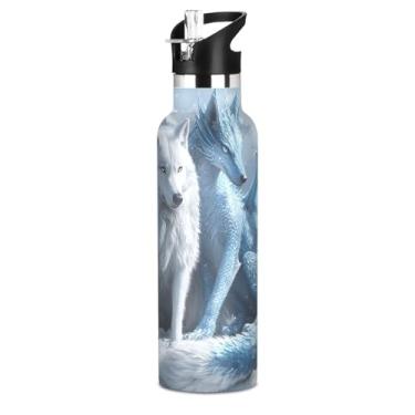 Imagem de Joisal Garrafa de água isolada de aço inoxidável de 590 ml com tampa de canudo para bebidas frias ou quentes, lobo branco dragão ciano parede dupla vácuo livre de BPA copos infantis meninos meninas