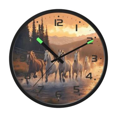 Imagem de SEHANY Relógio de parede artístico majestoso cavalos silencioso, sem tique-taque, relógio redondo operado por bateria, controle de som, luz noturna, relógios de parede para sala de estar, cozinha