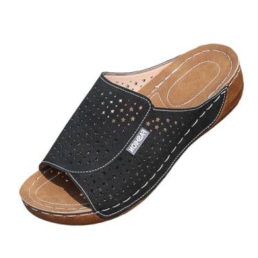 Imagem de Sandálias femininas modernas e casuais de verão com cor sólida boca de peixe sola grossa salto inclinado oco, Preto, 35