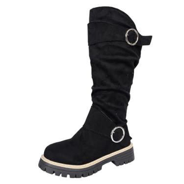 Imagem de Botas femininas forradas de pelúcia bico redondo sola grossa fivela de cinto confortável casual versátil, Preto, 35