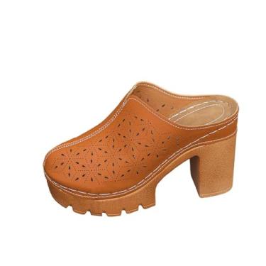 Imagem de Pantufas femininas primavera verão bico fechado salto alto PU superior casual plataforma confortável, Marrom, 35
