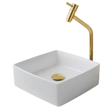 Imagem de SOFTINOX Kit Cuba de Banheiro Quadrada em Cerâmica com Torneira 1/4 de Volta Válvula Click 1.1/4 e Engate 60cm (Dourada)