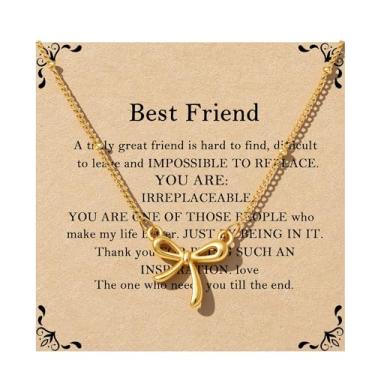 Imagem de QILMILY Colar de laço delicado para mulheres - gargantilha fofa banhada a ouro 14K, pingente de laço minúsculo, presente para adolescentes, presentes de amigos para mulheres, presentes de aniversário