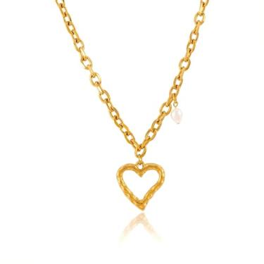 Imagem de RINHOO FRIENDSHIP Colares banhados a ouro 18 k vintage colar rosa delicado coração pingente festival joias modernas presente para festa de formatura, Medium, Aço de titânio, Sem Pedra Preciosa