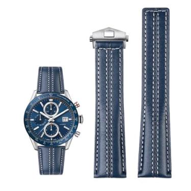 Imagem de MURVE Pulseira masculina de couro genuíno de 22 mm para relógio Tag Heuer Carrera Monaco com fivela dobrável de couro bovino (fivela prata azul)