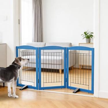 Imagem de ZJSF Cerca interna independente para cães, portão dobrável para portas, escadas ou corredores, portão extra largo de madeira resistente para animais de estimação com pés de suporte para casa, azul, 81