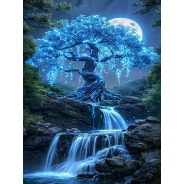 Imagem de NWQZBYHT Kits de arte de diamante árvore da vida para adultos, kits de pintura de diamante lua 5D para adultos, kits de arte de pedra redonda completa DIY para iniciantes, pintura de pontos de