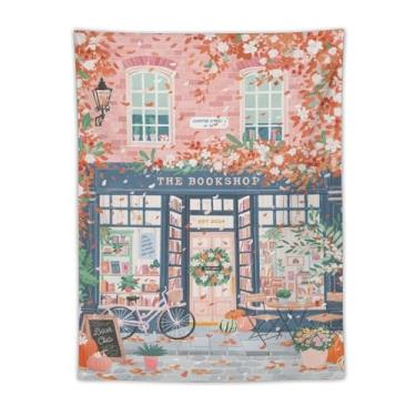 Imagem de Tapeçaria de fachada de livraria de primavera, tapeçaria de parede floral rosa de tinta a óleo, decoração sazonal aconchegante para sala de estar, quarto, decoração de arte de natureza quente