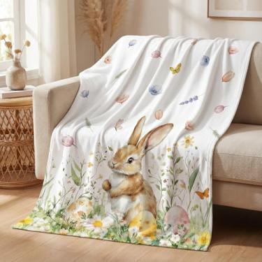 Imagem de Horaldaily Manta de flanela de Páscoa, ovos de Páscoa, coelhinhos, folhas xadrez, macias, felpudo, aconchegante, cobertores de lã para sofá, cama, presente ideal para crianças e adultos, 152 x 203 cm