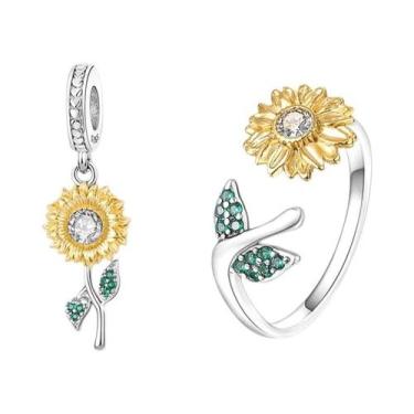 Imagem de Conjunto De Joias Finas De Anel, Brincos E Pingente De Girassol Dourad