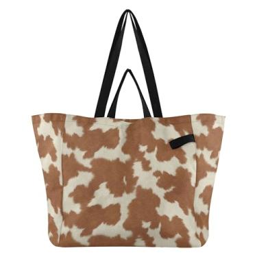 Imagem de SEHANY Sacolas de compras reutilizáveis com estampa de vaca marrom e branca com alças reforçadas, bolsa de compras de lona dobrável à prova d'água de grande capacidade para viagem, cozinha, praia