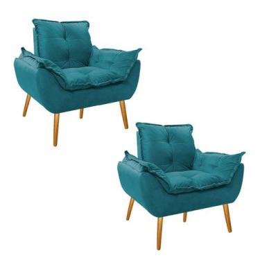 Imagem de kit 02 Poltronas Opala Palito Mel Suede Azul Turquesa - Doce Sonho Móv