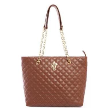 Imagem de Bolsa Feminina Leopoldine Marrom em Couro Legítimo Matelassê Alça Corrente e Fecho em Zíper-Feminino