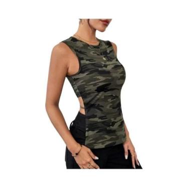 Imagem de Camiseta Sem Mangas Camuflada Feminina Para Verão Casual Fitness Espor