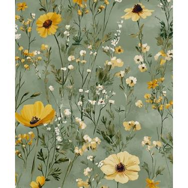 Imagem de Laatse Papel de parede vintage margarida descascar e colar, papel de contato floral verde amarelo, papel de parede botânico autoadesivo removível à prova d'água para banheiro, quarto, prateleira