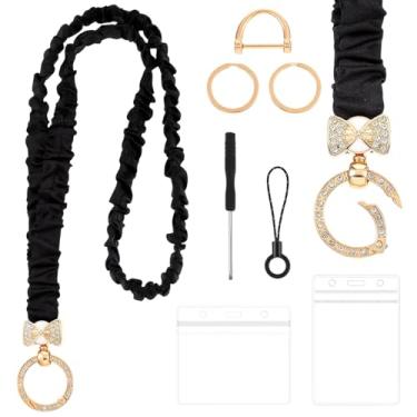 Imagem de XLIUAX Cordão scrunchie, porta-crachás retráteis com dois crachás de identificação, duas fivelas redondas D Strass, fivela de laço dourado, suporte de chaveiro de pescoço elástico para mulheres