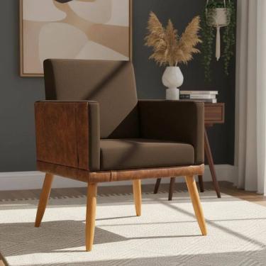 Imagem de Poltrona Decorativa Para Sala Recepção Escritório Consultório Lis Corino Peroba e Suede