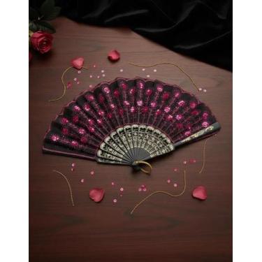 Imagem de Leque De Mão Luxo Festa Dança Carnaval Gueixa Medio Em Estilo Glitter 