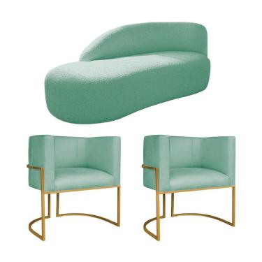 Imagem de Kit Divã Luna 160cm Lado Esquerdo E 02 Poltronas Base De Ferro Dourado Suede Cor Azul Tiffany