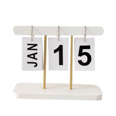 Imagem de Calendário dobrável perpétuo de madeira, calendário de mesa feito à mão com design exclusivo de pendurar para decoração de escritório e casa (branco)