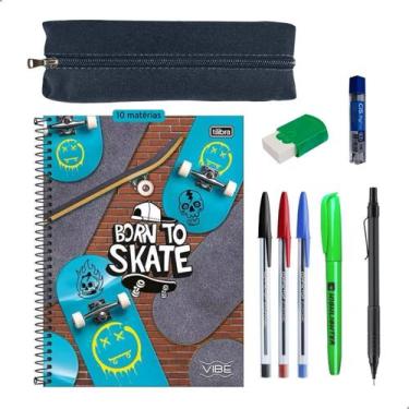 Imagem de Kit Escolar Caderno 10 Materias Tilibra Estojo Lapiseira Canetas + Ite