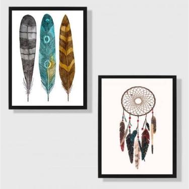 Imagem de Kit 2 Quadros Penas E Filtro Dos Sonhos 45X34 Moldura Preta