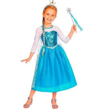 Imagem de Vestido Elsa Frozen Infantil Fantasia Luxuosa com Capa Coroa - Fantasi