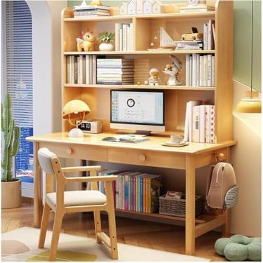 Imagem de Mesa de estudo simples de madeira maciça com estante integrada, ideal para uso em escritório doméstico ou quarto, cor de madeira sem cadeira, 120x60x190cm