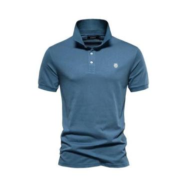 Imagem de Camisas Polo Masculinas 100% Algodão Com Bordado, Cor Sólida, Manga Cu