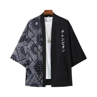 Imagem de Kimono Cardigan Masculino Harajuku Com Estampa Paisley Em Patchwork, M