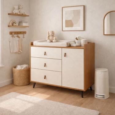 Imagem de Cômoda Trocador Infantil Carol com 3 Gavetas e 1 Porta Nature com OffWhite - Rede Móveis