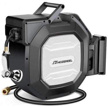 Imagem de Mangueira de Jadim 40M com Enrolador Retrátil, Rebobinamento Automático e Trava, HOZEREEL, Preto e Branco