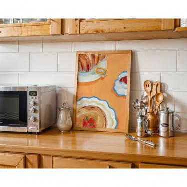 Imagem de Quadro Decorativo Café da Manhã em Paris Retangular 50x70CM em Canvas com Vidro Moldura Amadeirada