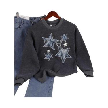 Imagem de Moletom Feminino Solto Com Gola Redonda, Estampa De Estrela Em Imitaçã