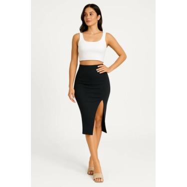 Imagem de Saia Canelada Com Fenda Feminina Moda Confortável Estilosa - Genérico,