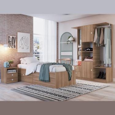 Imagem de Kit Conjunto Quarto Cama Solteiro 80 4 Portas Mesa de Cabeceira Guarda Roupa Espelho Ma...