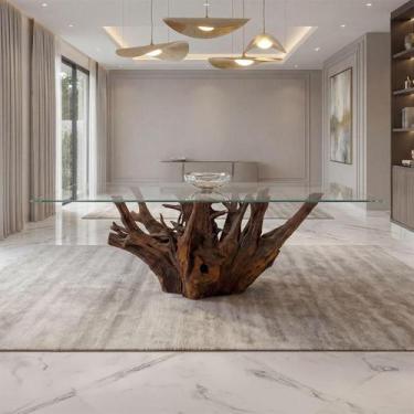 Imagem de Mesa Jantar 6 Lugares 2,0m x 1,0m Base de Raiz Natural com Tampo Vidro