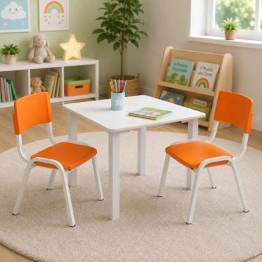 Imagem de Jogo de Mesa Infantil Com 2 Cadeiras Escolar Creche Atividades Laranja