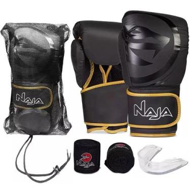 Imagem de Kit Luva De Boxe E Muay Thai Naja Black Line + Bandagem + Protetor Buc