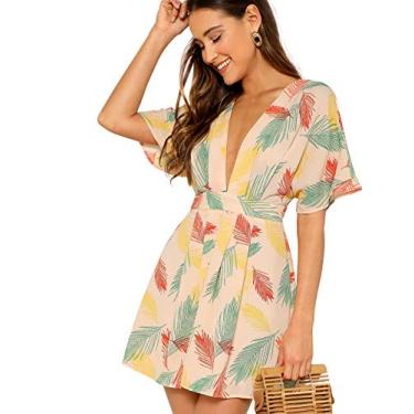 Imagem de Floerns Vestido curto feminino tamanho único decote em V amarrado nas costas, Multicor, PP