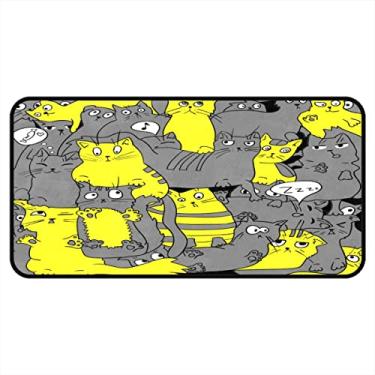 Imagem de Tapetes de cozinha divertidos de desenho animado gato amarelo cinza e tapete antiderrapante para cozinha, tapete de entrada lavável para cozinha, chão, casa, escritório, pia, lavanderia, 182 x 61 cm
