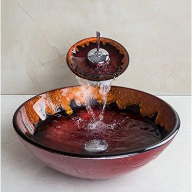 Imagem de Conjunto de pias de banheiro de vidro temperado com torneira de latão e lavatório redondo vermelho e laranja da GOWE