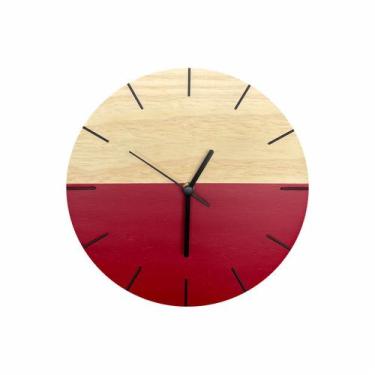 Imagem de Relógio De Parede Em Madeira Minimalista Vermelho Com Detalhes Em Pret